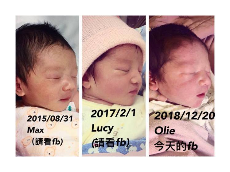 隋棠PO出3個孩子剛出生的照片，左起分別是Max、Lucy、Olie。圖／摘自臉書