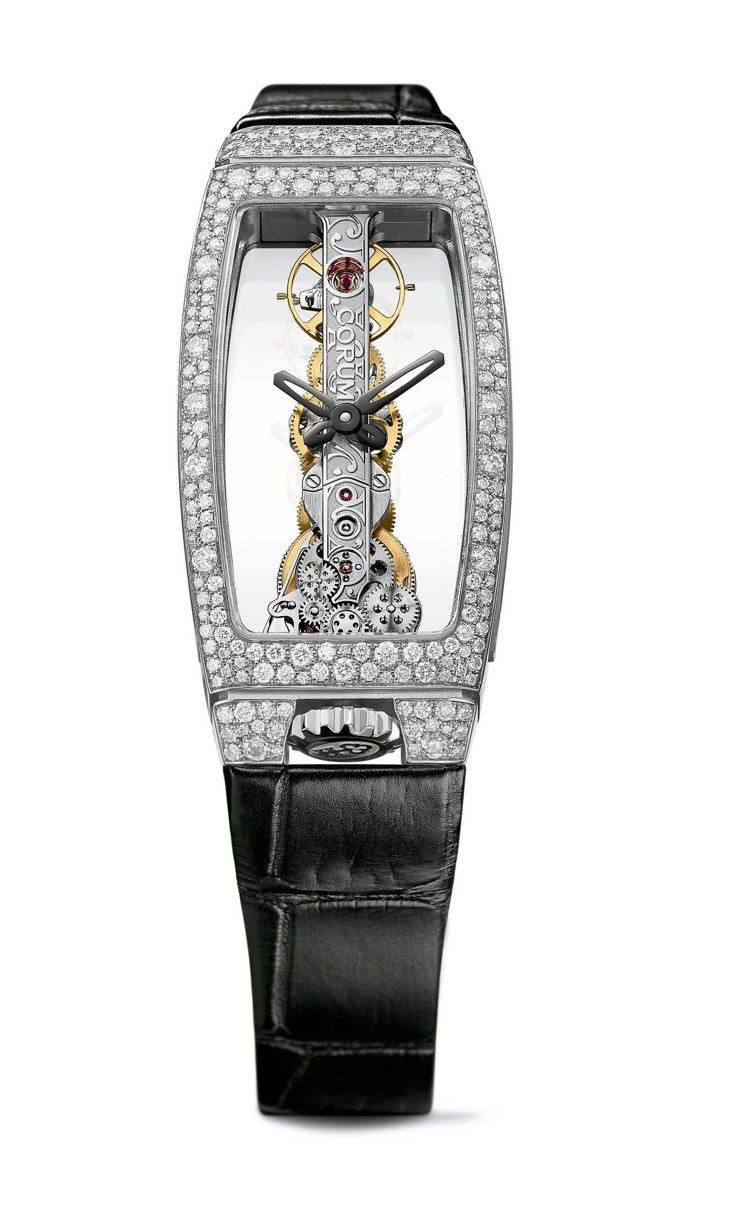 崑崙雪花鑲嵌金橋女裝腕表，21 x 43 毫米18K白金表殼，鑲嵌245 顆鑽石共1.28 克拉，151萬2,000元。 圖／崑崙表提供