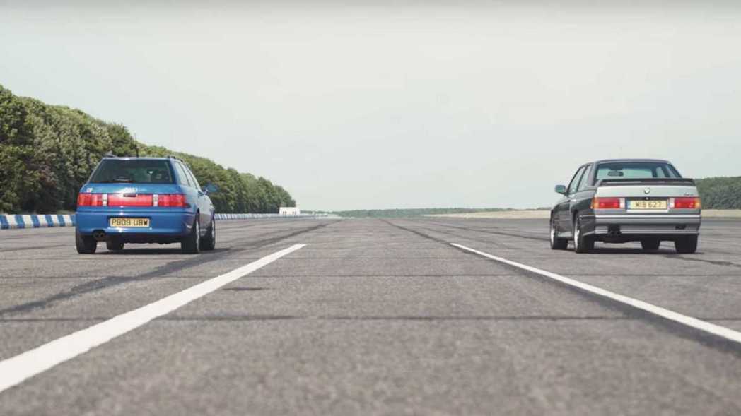 Audi RS2 vs. BMW E30 M3經典車款對決。 截圖自CarWow...