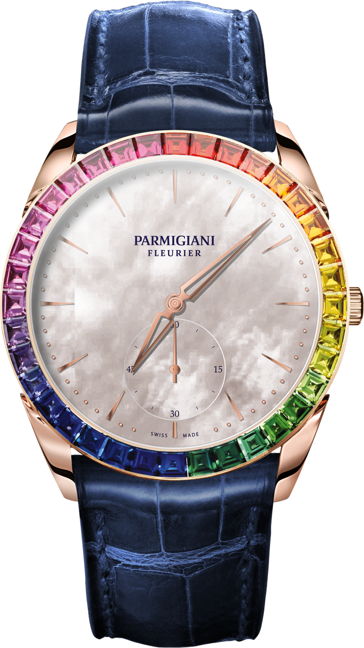 帕瑪強尼彩虹寶石圈Tonda 1950腕表，18K玫瑰金表殼，約189萬元。圖／Parmigiani提供