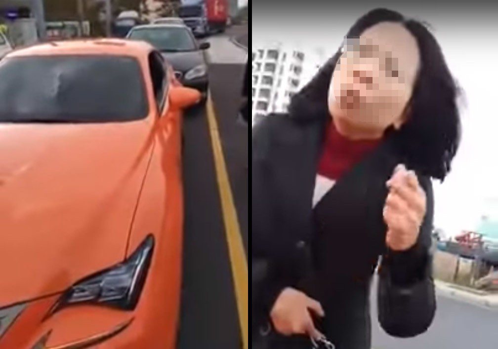 一名婦人開車撞到凌志跑車，卻不斷阻止車主報警。 圖擷自YouTube