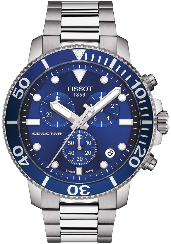 天梭海星潛水Seastar 1000系列石英機芯計時碼表，藍色表面，不鏽鋼表殼、表鍊，約17,600元。圖／TISSOT提供