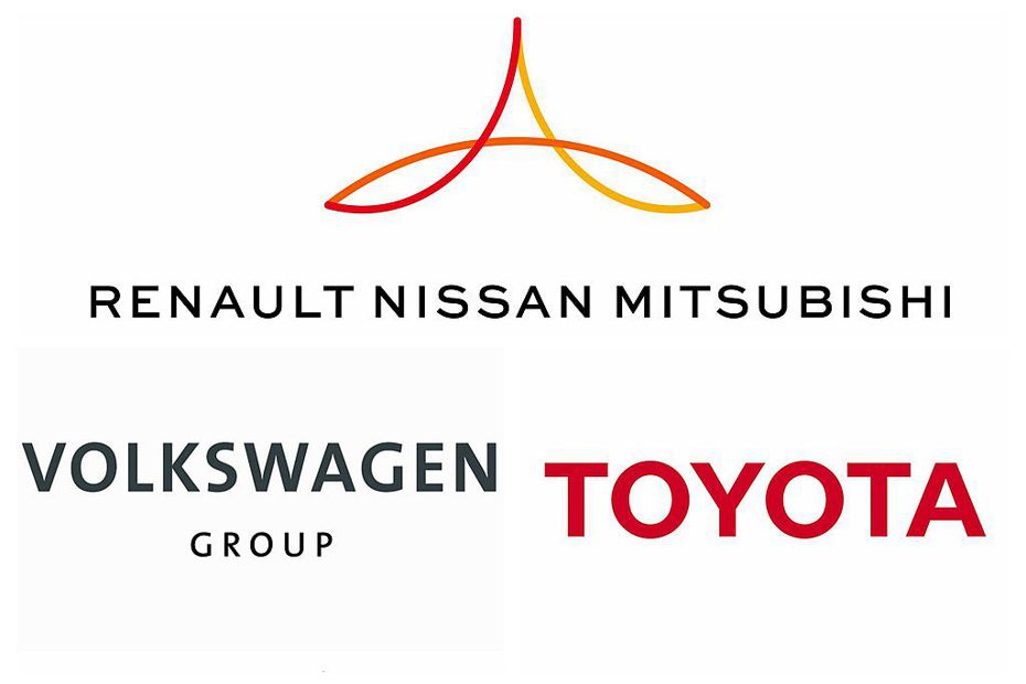 全球最暢銷車廠集團寶座，隨著1月底法國雷諾-日產-三菱聯盟、Toyota汽車陸續公布銷售數字後確認排名。 圖／Renault-Nissan-Mitsubishi Alliance、Volkswagen Group、Toyota提供