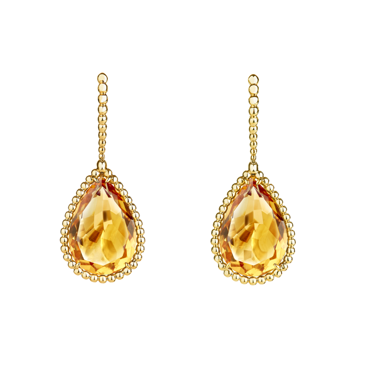 莎瑪海耶克配戴的Serpent Bohème系列耳環，黃k金鑲嵌2顆梨形黃水晶共約19.05克拉，36萬9,000元。圖／寶詩龍提供