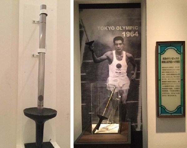 游田到日本東京當地鄉土博物館，拍下東京第一次舉辦奧運的文物，左為奧運火炬。圖／游...