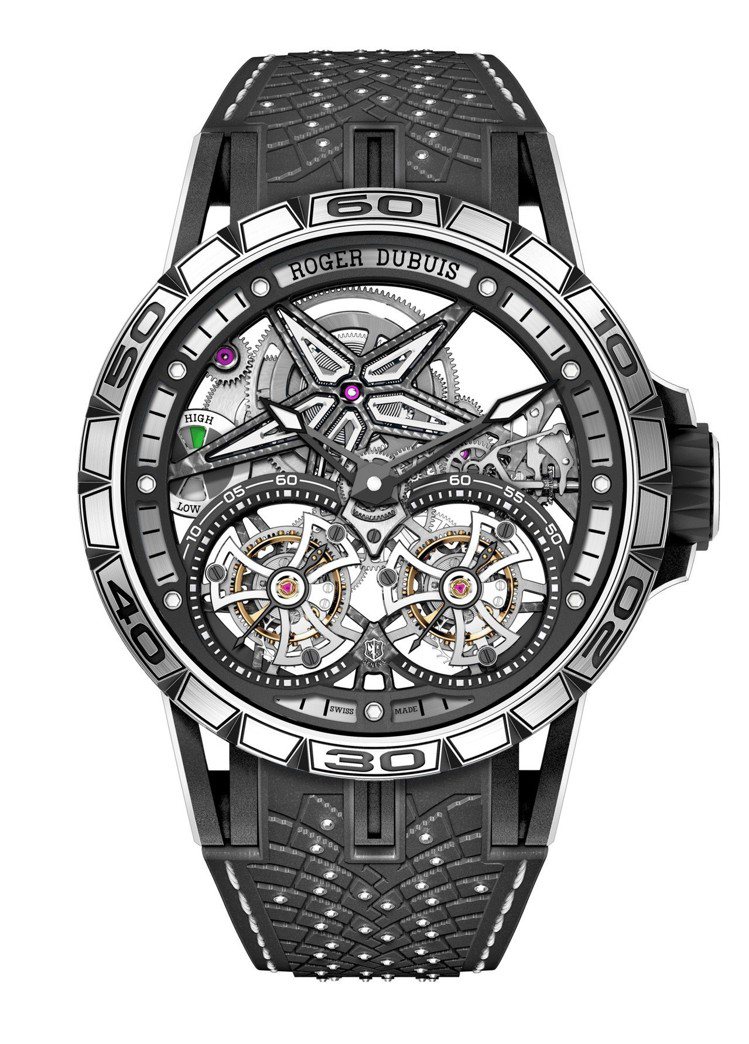 羅杰杜彼Excalibur Pirelli Ice Zero 2鏤空雙飛行陀飛輪腕表，990萬元，全球限量8枚。圖／羅杰杜彼提供