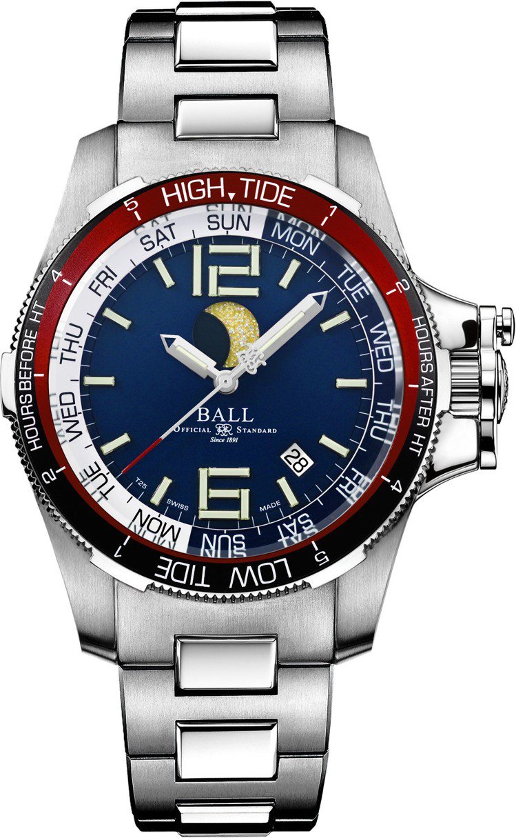 BALL Watch 的全新Engineer Hydrocarbon Moon Navigator腕表藍色表面款，42毫米不鏽鋼自動上鍊腕表，76,800元。圖／波爾表提供