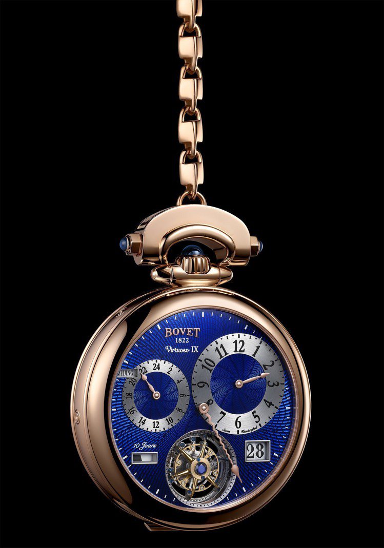 Virtuoso IX雙時區大日曆飛行陀飛輪腕表，具有手表、懷表和桌鐘三種用途。圖／Bovet提供