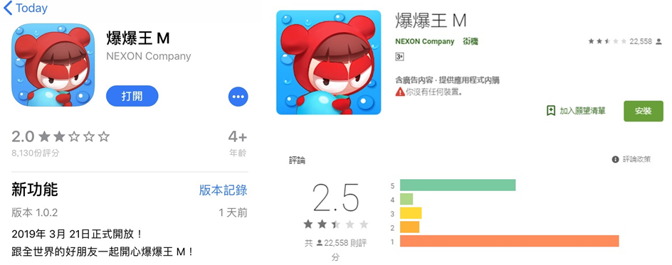《爆爆王M》目前在雙平台的評價。左為Apple Store、右為Google P...