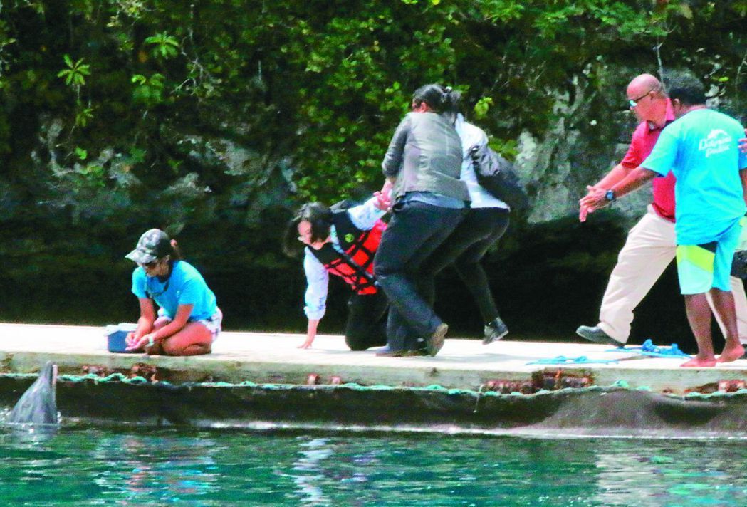 蔡英文總統（左二）日前展開「海洋民主之旅」訪問太平洋友邦帛琉，但在海豚灣不慎跌倒...
