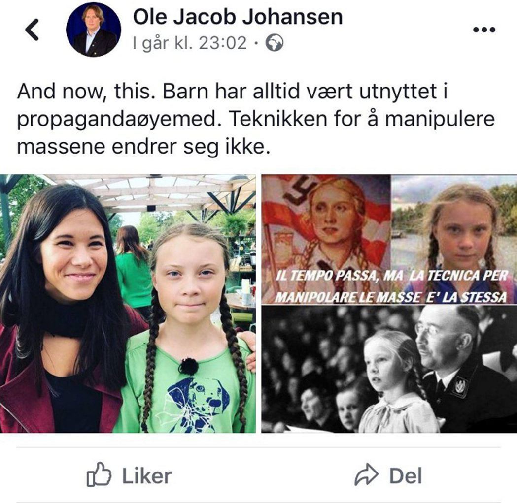 挪威「進步黨」成員歐列．優漢生（Ole Jacob Johansen）將葛莉塔和...