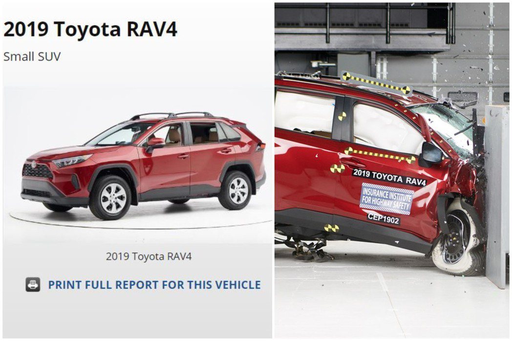 2019年式Toyota RAV4在最新的IIHS撞擊測試中，多項評測皆獲得Good的評價。 摘自IIHS