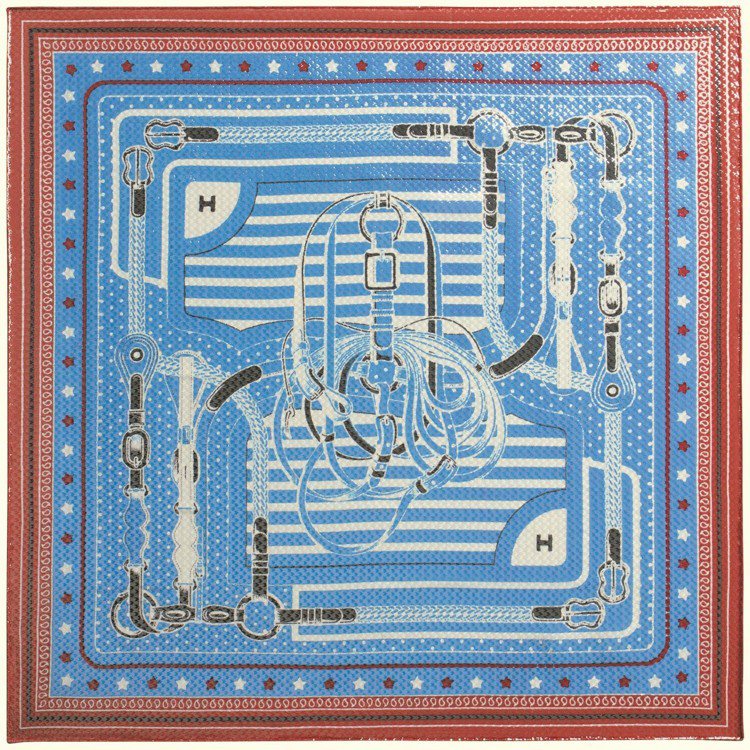 Coaching Bandana圖紋印花迪斯可風金屬感真絲方巾，55 x 55 公分，9,800元。圖／愛馬仕提供