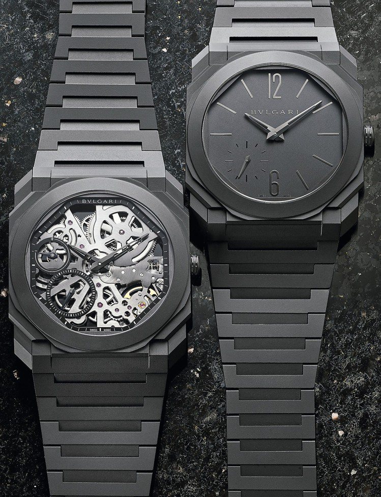 寶格麗(左起)OCTO FINISSIMO鏤空陶瓷腕表，78萬7,000元；OCTO FINISSIMO自動上鍊陶瓷腕表，49萬8,200元。 圖／寶格麗提供