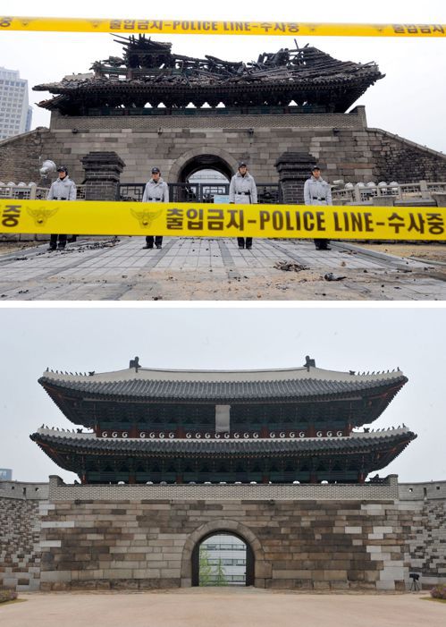 照片中上方為南韓崇禮門遭縱火後警方圍起封鎖線情形，下方則為修復後模樣。（法新社）