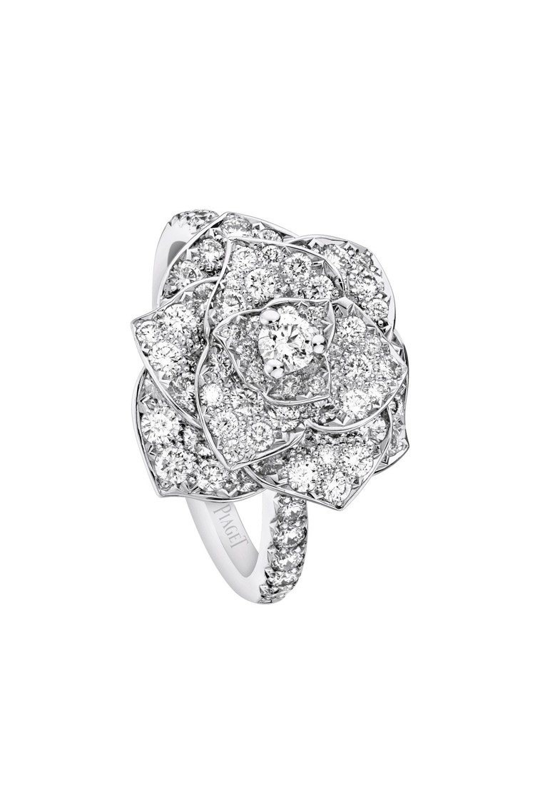 Piaget Rose系列指環，18K白金鑲嵌鑽石共約1.40克拉，35萬3,000元起。圖／伯爵提供