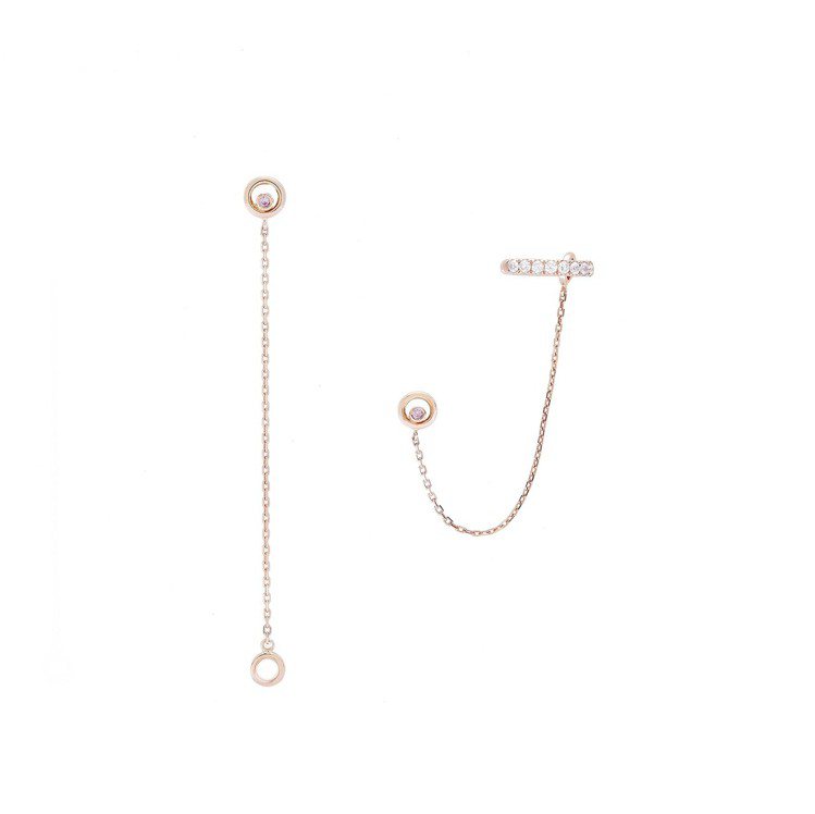 粉紅藍寶多式耳環，18K玫瑰金鑲粉紅剛玉，18,000元，搭配繁星耳扣，18K玫瑰金鑲鑽， 單只13,800元。圖／侍好珠寶提供