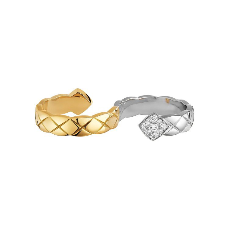 COCO CRUSH指間戒，18K白金與黃金鑲嵌18顆明亮式切割鑽石，21萬元。圖／香奈兒提供