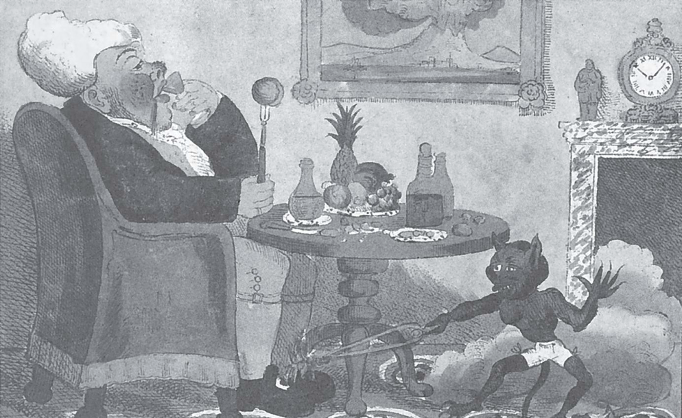 這位耽溺於食慾的人，患有痛風。小鬼正以熾紅的鐵鉗燒灼他的腳，象徵痛風的痛苦。（1818）版畫，插畫家：George Cruikshank, 1792-1878.
