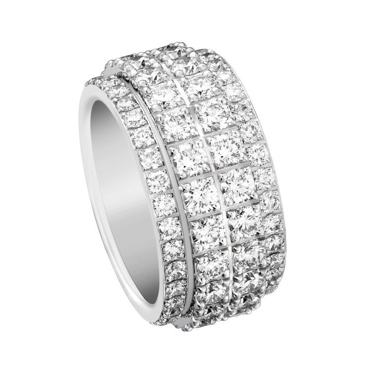 Possession 系列指環，18K白金鑲嵌112顆圓形鑽石共約5.44克拉，90萬元起。圖／伯爵提供