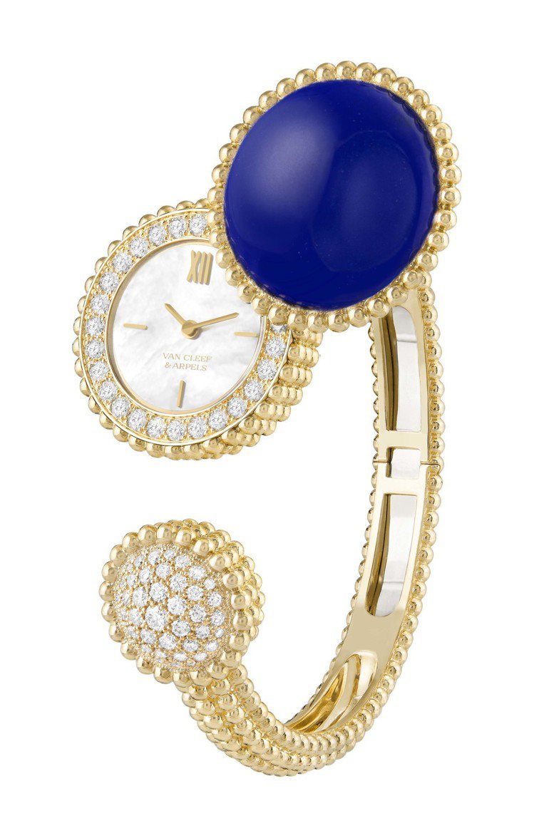梵克雅寶Perlée腕表，黃K金鑲嵌青金石與鑽石，124萬元。圖／梵克雅寶提供