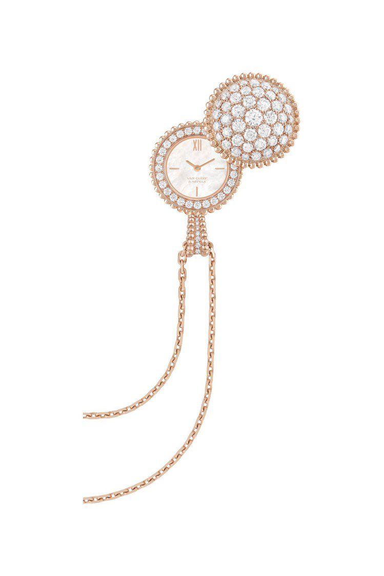 梵克雅寶Perlée吊墜腕表，玫瑰金鑲嵌鑽石，151萬元。圖／梵克雅寶提供