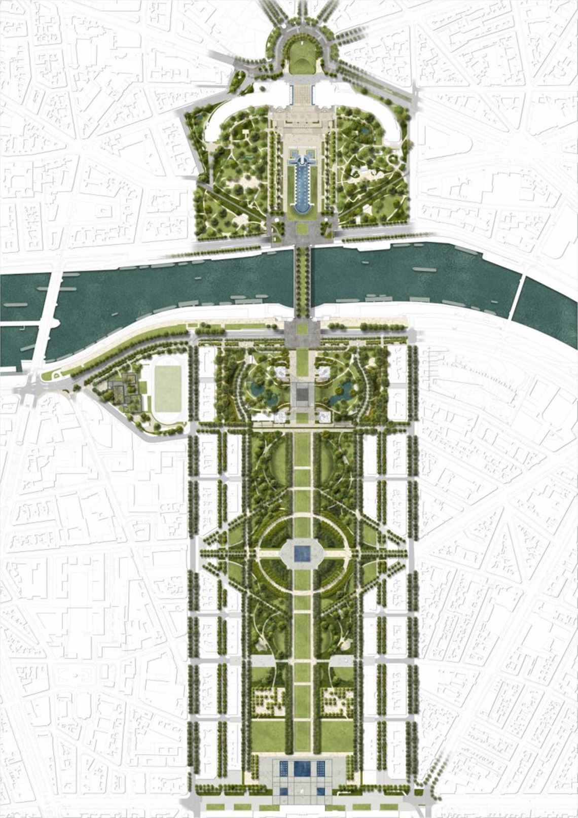 居斯塔夫森的提案以艾菲爾鐵塔為軸心，從西至東的長方地帶，包含：特羅卡德羅廣場、夏...