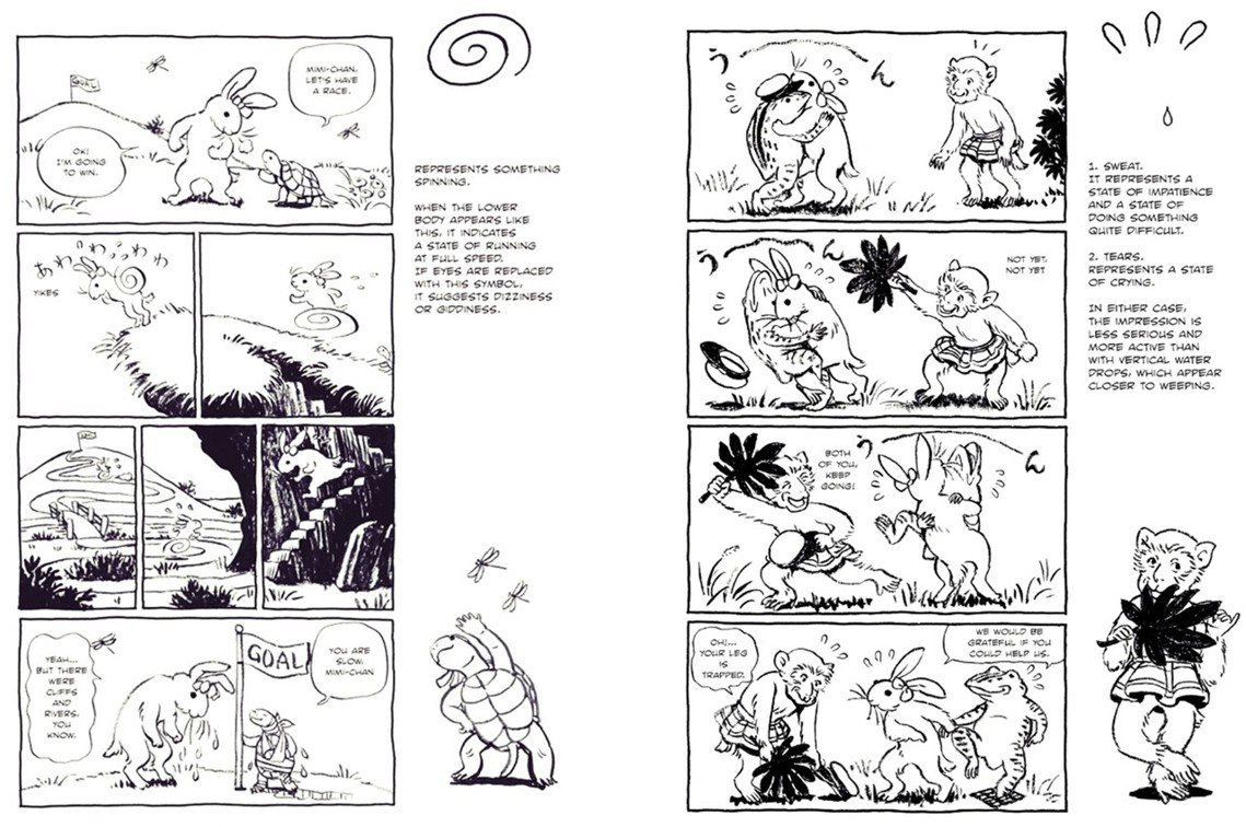 當代漫畫家河野史代的《漫符圖譜》，就是以鳥獸戲畫的素材，來解釋漫畫的各種圖像文字...