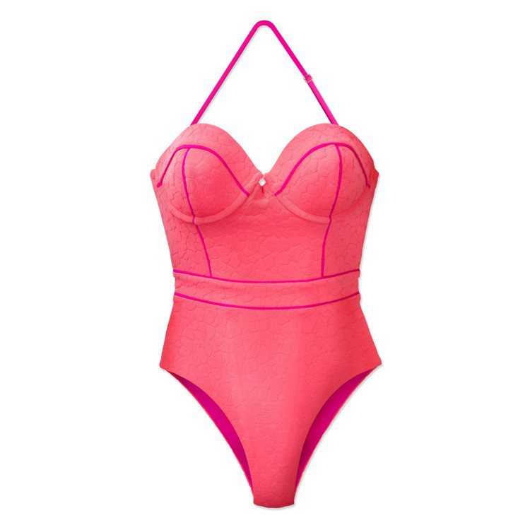 粉色連身泳裝低胸的設計與可拆式繞脖肩帶勾勒出上身性感輪廓，配有亮色滾邊，帶來額外的吸引力。8,800元。圖／WET提供