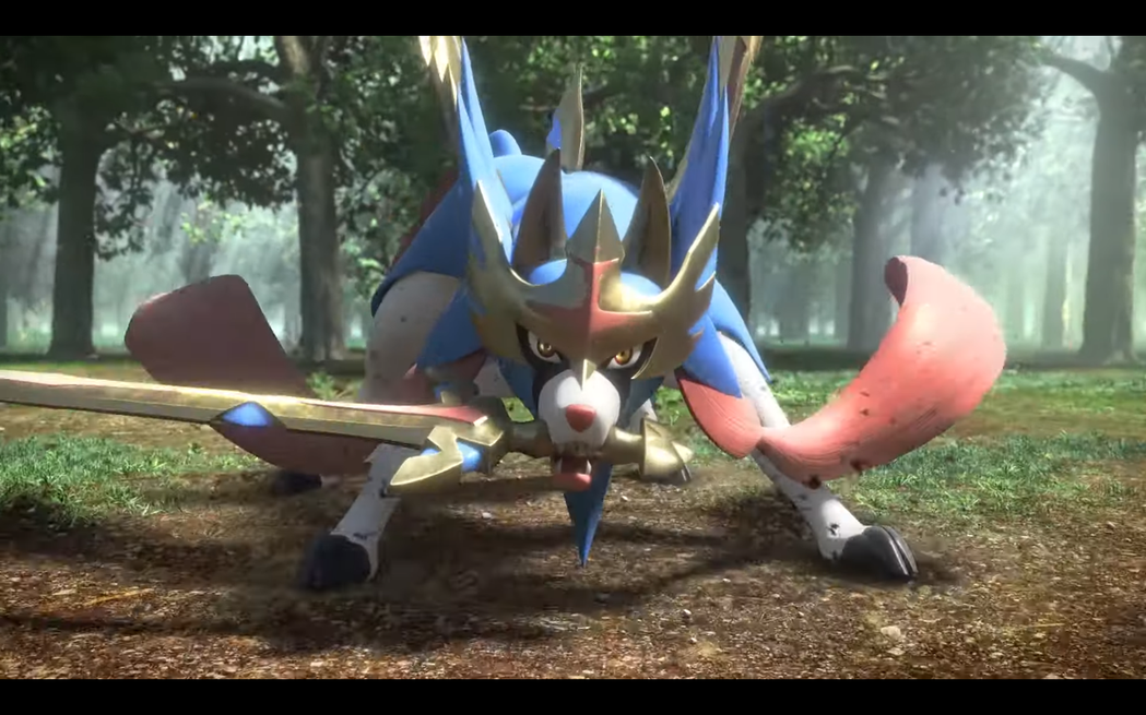 神獸「蒼響」在《寶可夢 劍／盾》宣傳影片中的登場畫面。