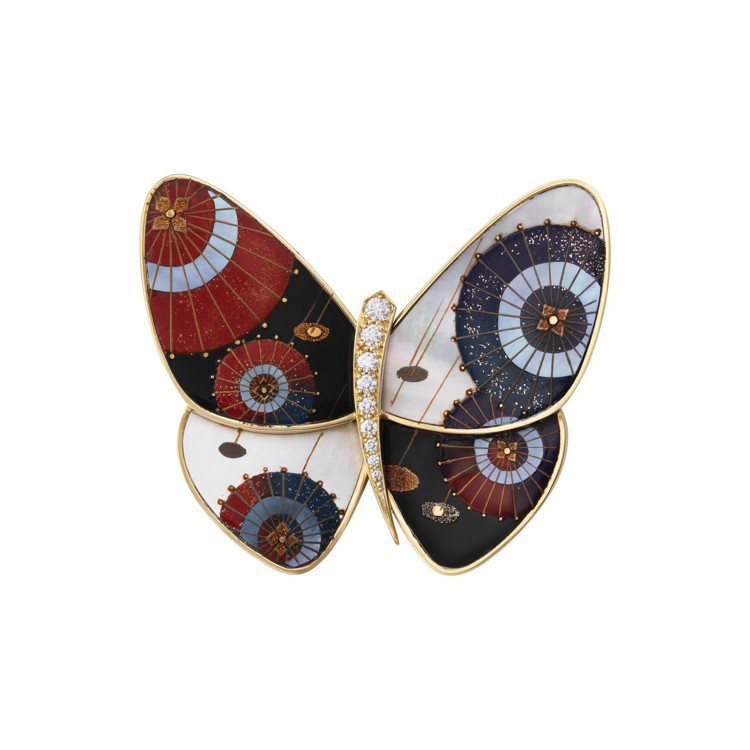 梵克雅寶Janomegasa日式和傘漆繪蝴蝶胸針，77萬5,000元。圖／梵克雅寶提供