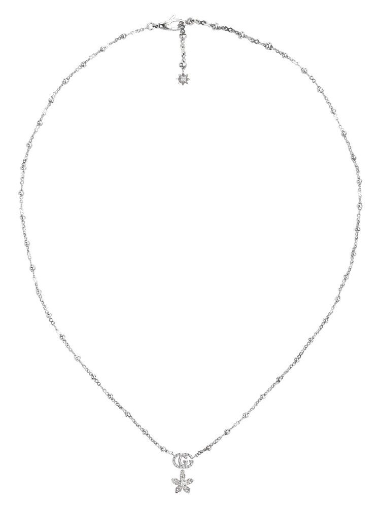 Gucci Flora 18K白金GG與花卉鑽石項鍊，12萬6,000元。圖／古馳提供