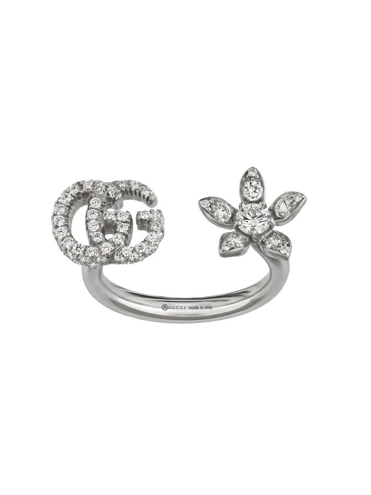 Gucci Flora 18K白金GG與花卉鑽石戒指，15萬8,500元。圖／古...
