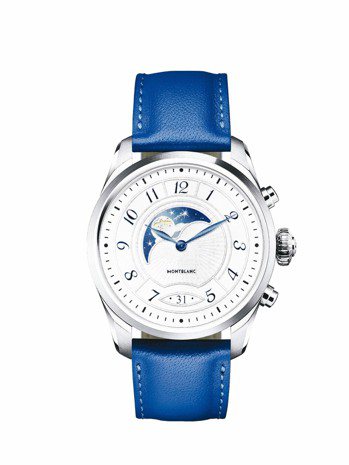 萬寶龍Summit 2智能腕表，不鏽鋼表殼搭配藍色小牛皮表帶，約33,000元。...