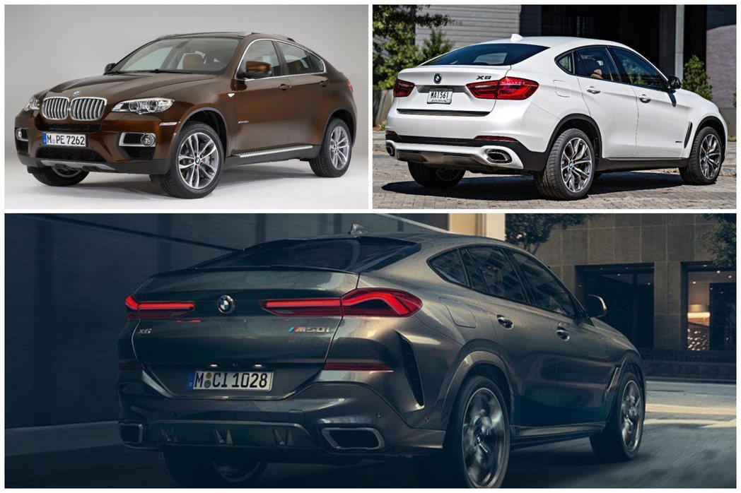 新世代BMW X6 (G06) 在亮相後正式進入第三代，前兩代分別是左上圖第一代...