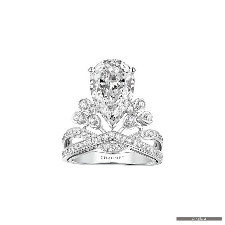 劉亦菲在Chaumet的最新代言形象照中配戴Joséphine Aigrette impériale鉑金戒指，價格未定。圖／Chaumet提供