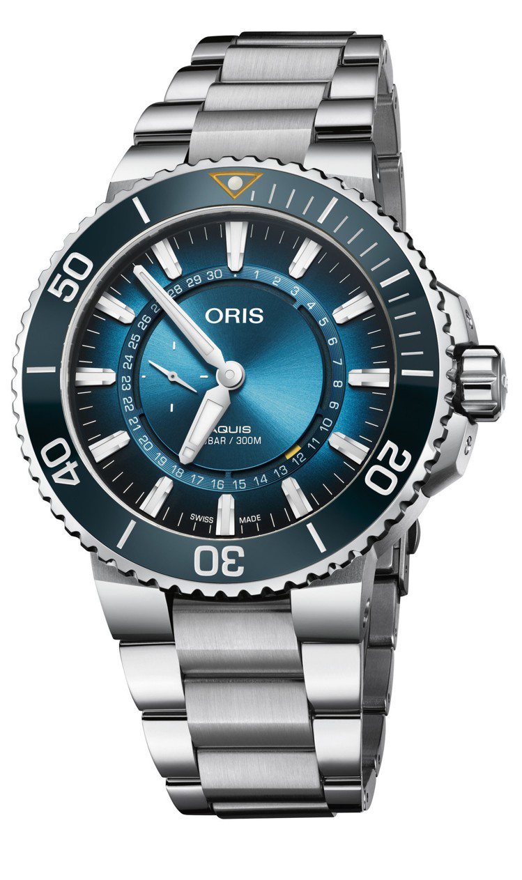 ORIS第三代大堡礁限量腕表，不鏽鋼表殼、表鍊，搭配水藍色陶瓷表圈，限量2,000只，約70,000元。圖／ORIS提供