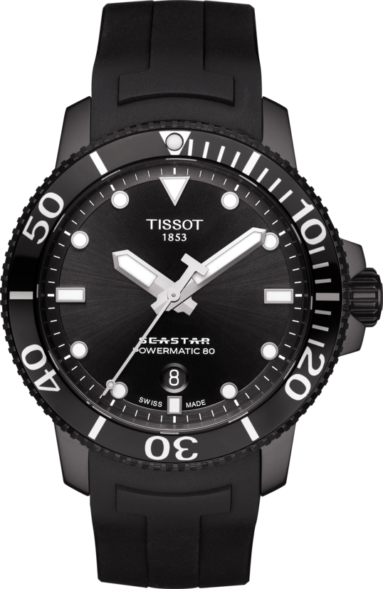 天梭表Seastar 1000海星系列自動款潛水腕表，黑色PVD不鏽鋼表圈搭配陶瓷表圈，約26,700元。圖／TISSOT提供