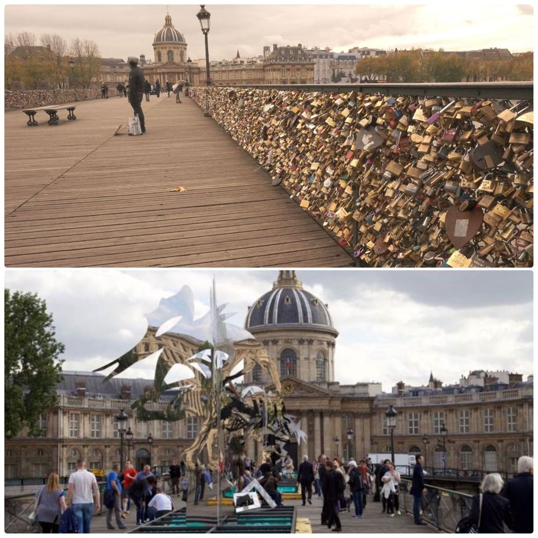 未拆遷前的巴黎藝術橋和拆遷後已無愛情鎖的痕跡，只有藝術雕塑品。(Photo by Woytek Mazurek)