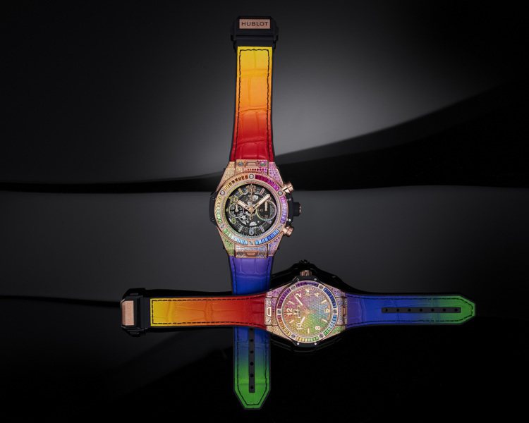 宇舶表針對情人節推出的Big Bang系列彩虹寶石腕表，根本就高調到不行，戴上它絕對是最閃亮的情侶。圖／HUBLOT提供