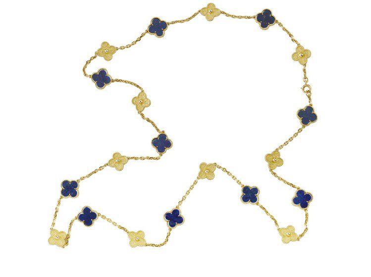 1968年的骨董黃K金及青金石Alhambra長項鍊。圖／梵克雅寶提供