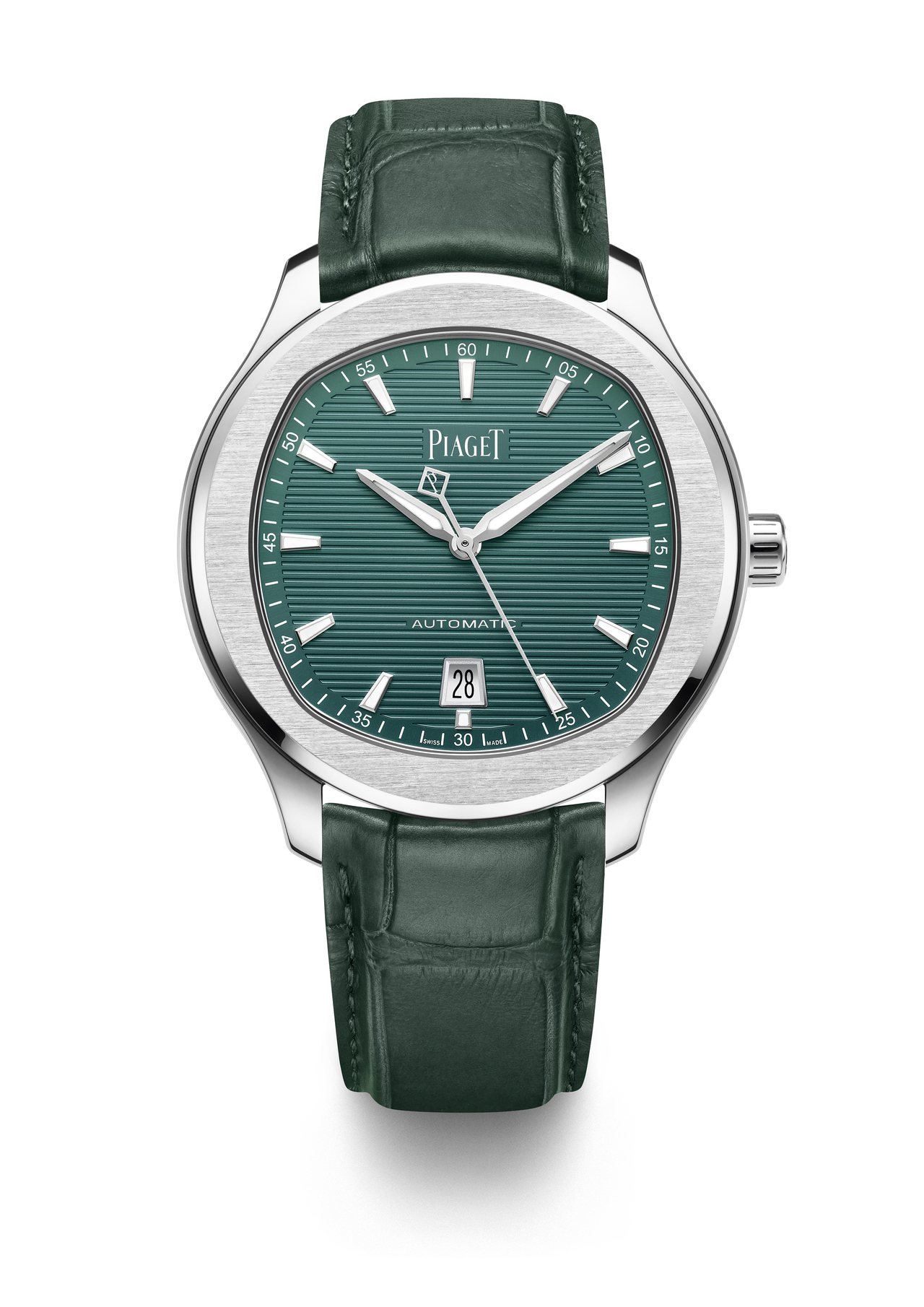 伯爵Polo系列孔雀綠表盤精鋼自動上鍊腕表，29萬6,000元。圖／伯爵提供
