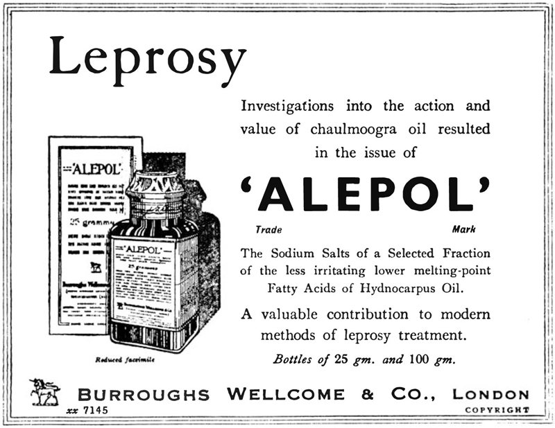 1935年刊登於醫學期刊《Leprosy Review》的大風子油藥劑廣告。 圖／作者提供