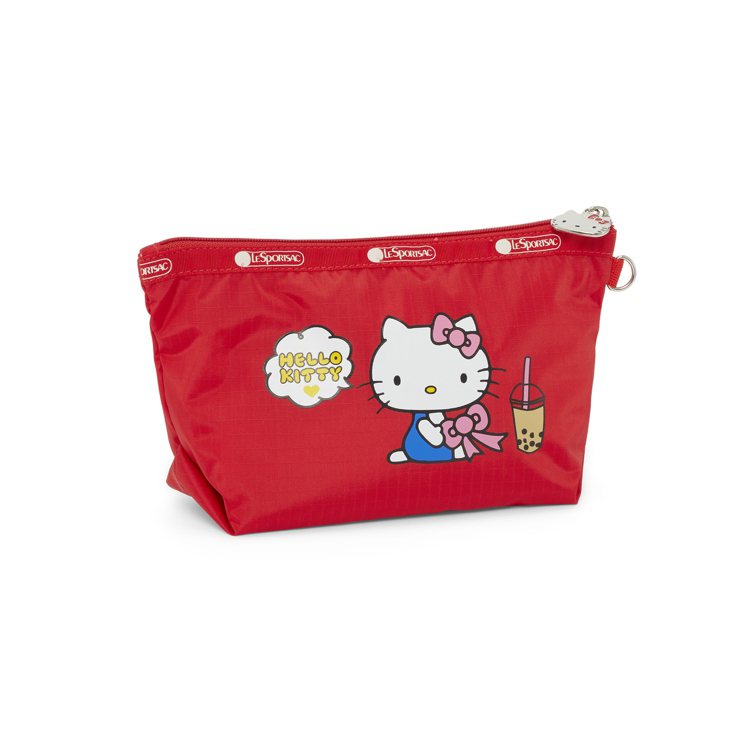 Hello Kitty x LeSportsac聯名系列「NI HAO」中梯形化妝包，特別加入台灣特產珍珠奶茶圖樣。1,450元。圖／LeSportsac提供