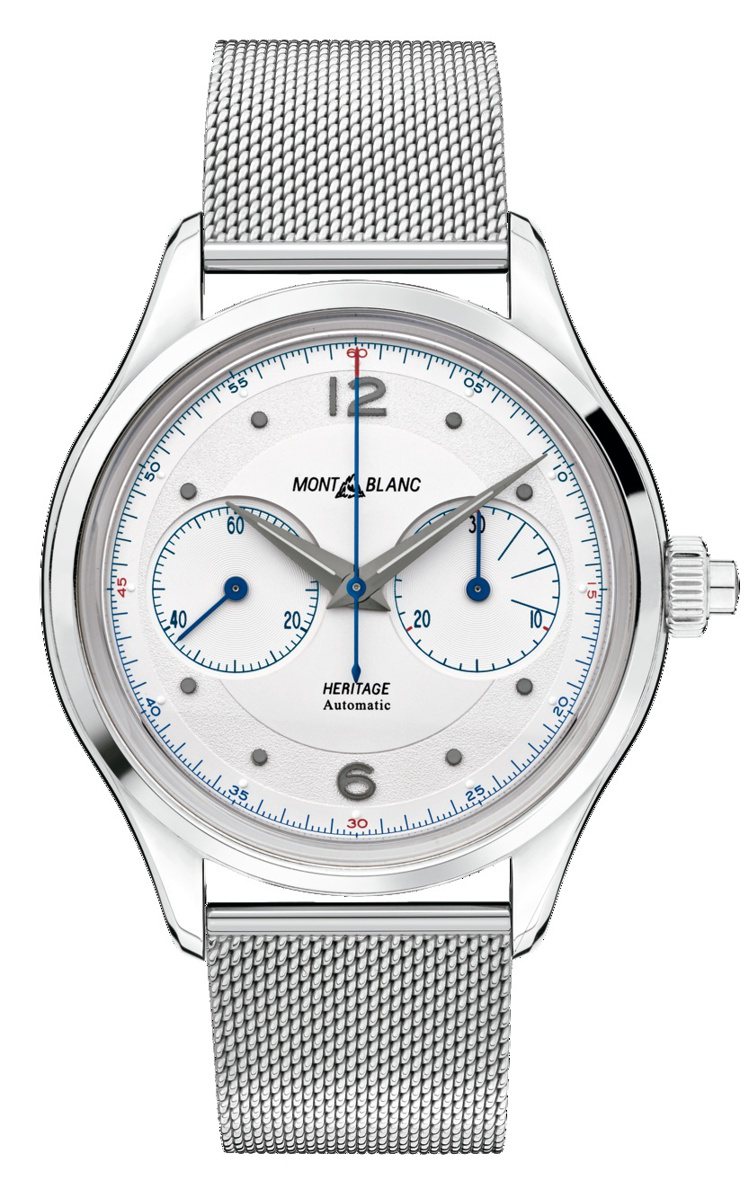 萬寶龍傳承系列單按把計時腕錶搭配精鋼米蘭帶，17萬1,200元。圖／萬寶龍提供