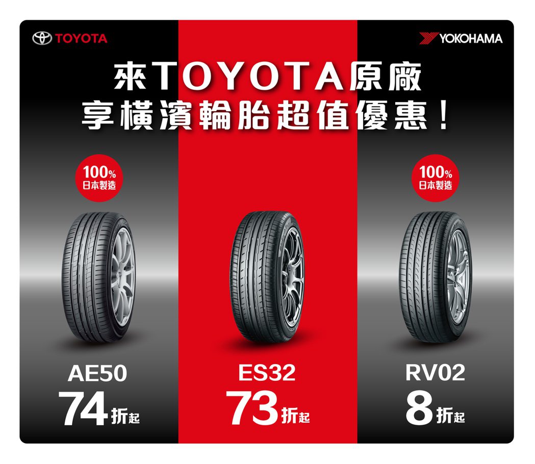 TOYOTA服務廠提供橫濱輪胎最低73折，保證一年內新胎和五年品質保固。 圖／和泰汽車提供