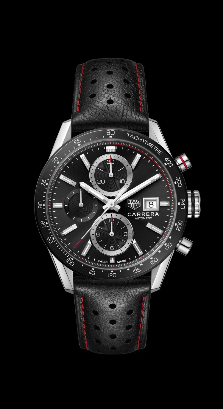 泰格豪雅Carrera系列Calibre 16計時碼表，不鏽鋼表殼搭配黑色陶瓷表圈，約14萬1,300元。圖／TAG Heuer提供