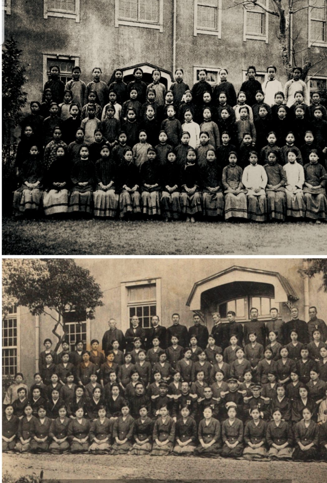 上為1917 年台北第三高等女學校的學生，下半身穿著學校統一制定的「紫紺袴」，上...