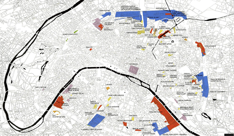 巴黎都市更新敏感地區（ZUS）分布圖，約占總面積10%，必須經由中央政府劃定進行整體規劃。 圖／OURs都市改革組織提供；來源／法國國家都市更新機構（APUR）
