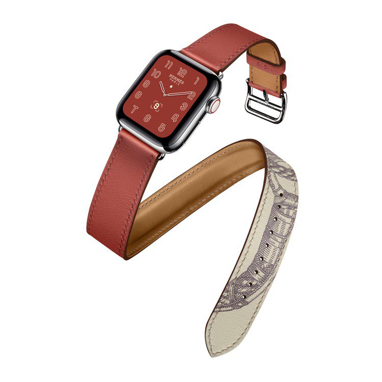 第五代Apple Watch Hermès系列40毫米表殼磚紅色與Della Cavalleria絲巾印花拼接雙圈Swift 小牛皮表帶，15,900元，整組45,900元。圖／愛馬仕提供
